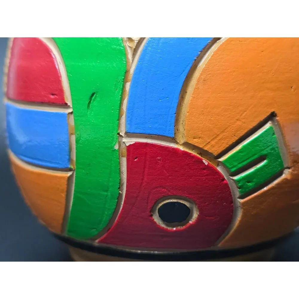 Clay Pottery Bowl Hand Carved Painted Ethnic Geometric Bird Folk Art Vessel